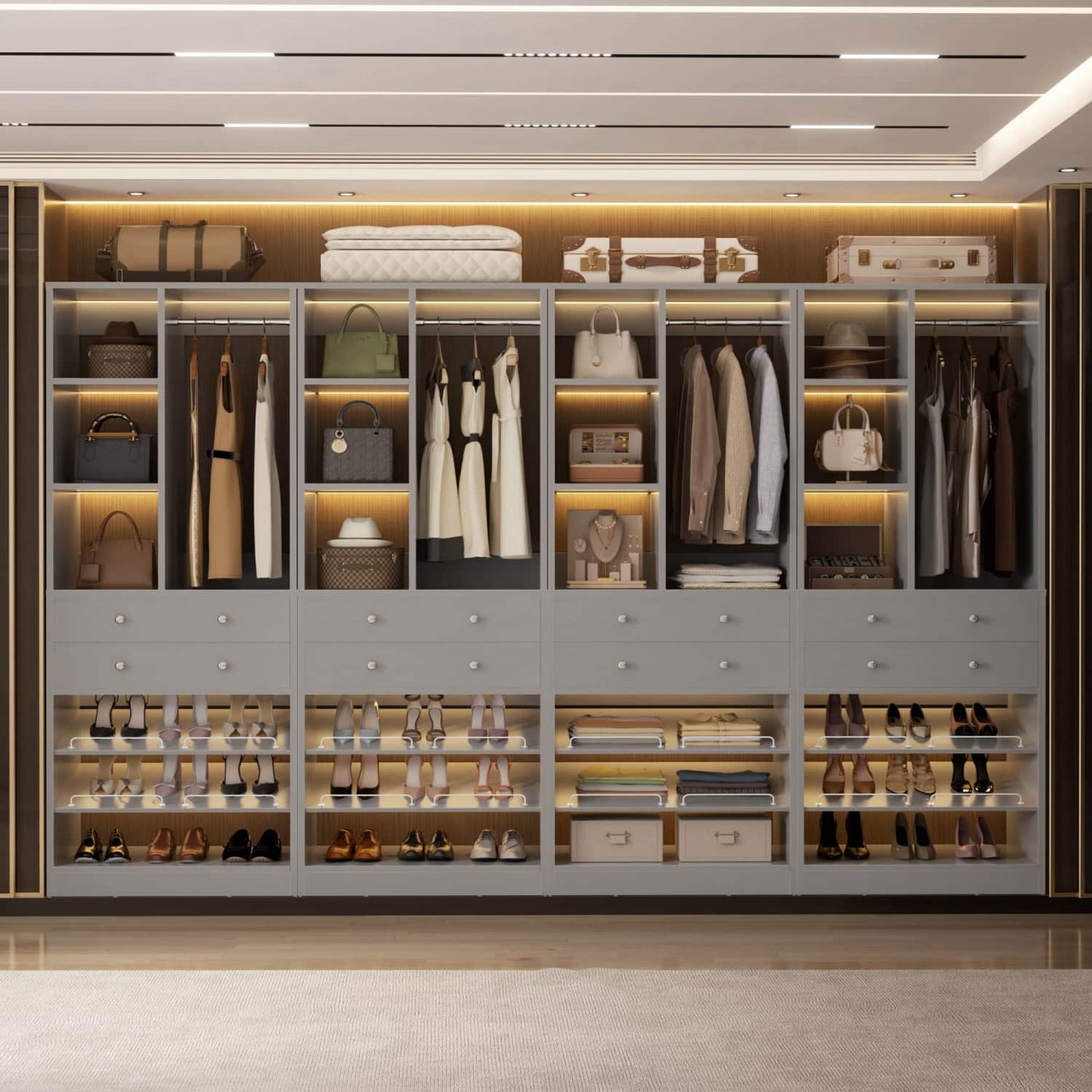Closet Storage System with Adjustable Shoes Shelves, Closet Organizer with Drawer