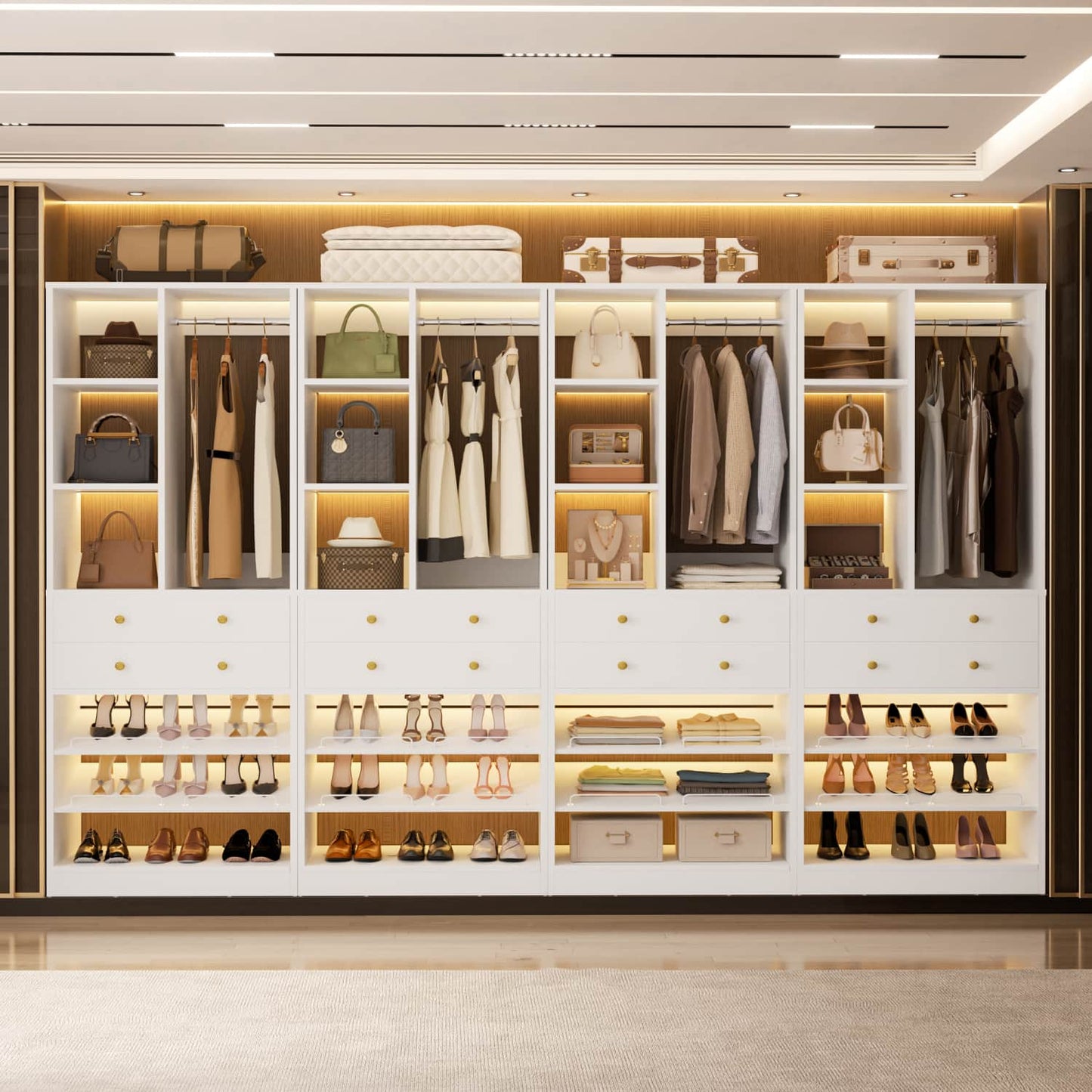 Closet Storage System with Adjustable Shoes Shelves, Closet Organizer with Drawer