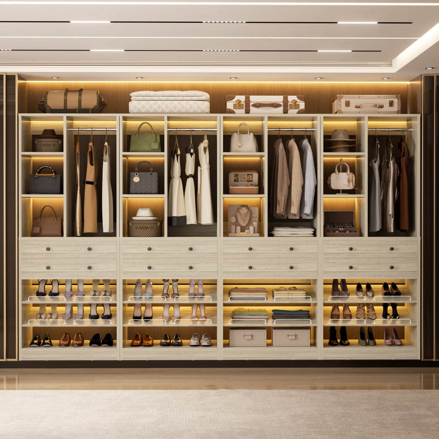 Closet Storage System with Adjustable Shoes Shelves, Closet Organizer with Drawer