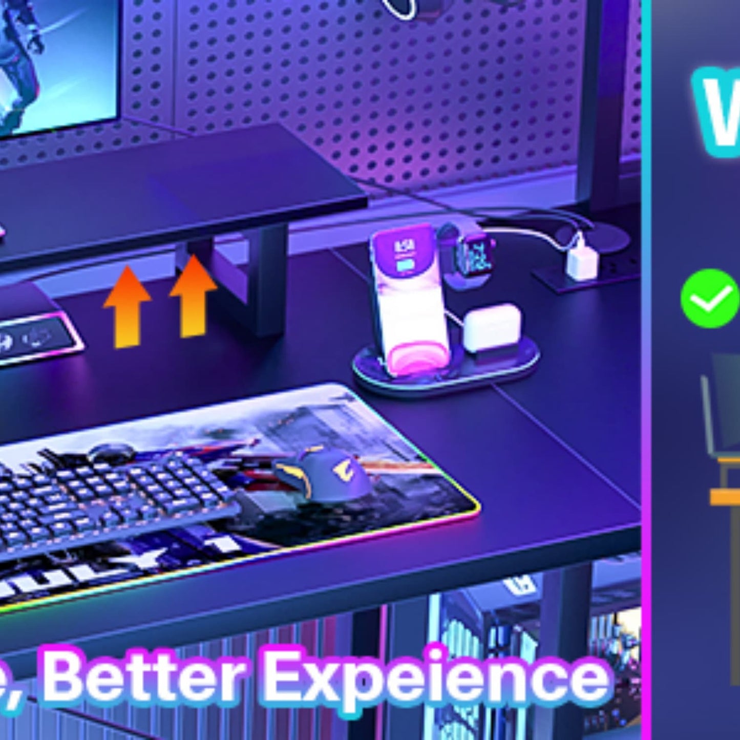 L Shaped Computer Desk with Hutch, Power Outlets, LED Lights & Storage Drawers