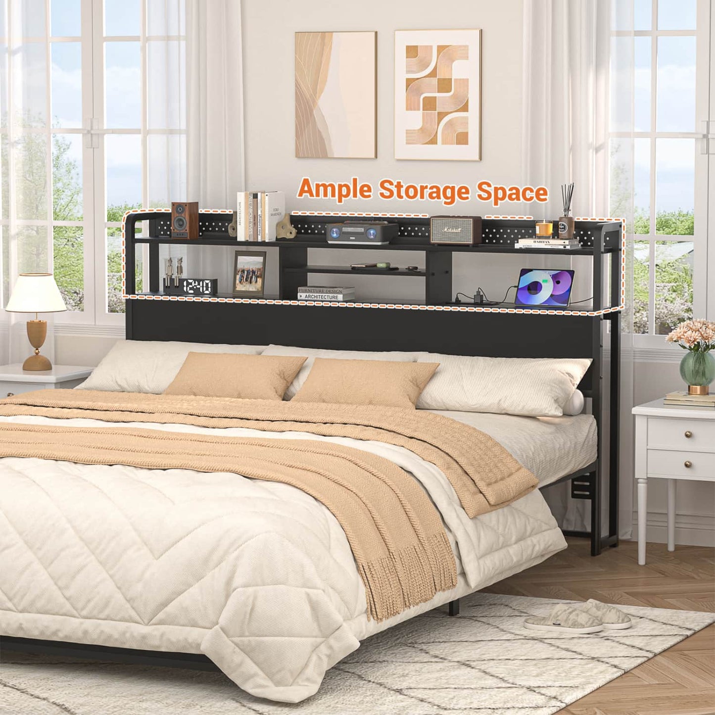 King Storage Headboard with Led Lights & Charging Station