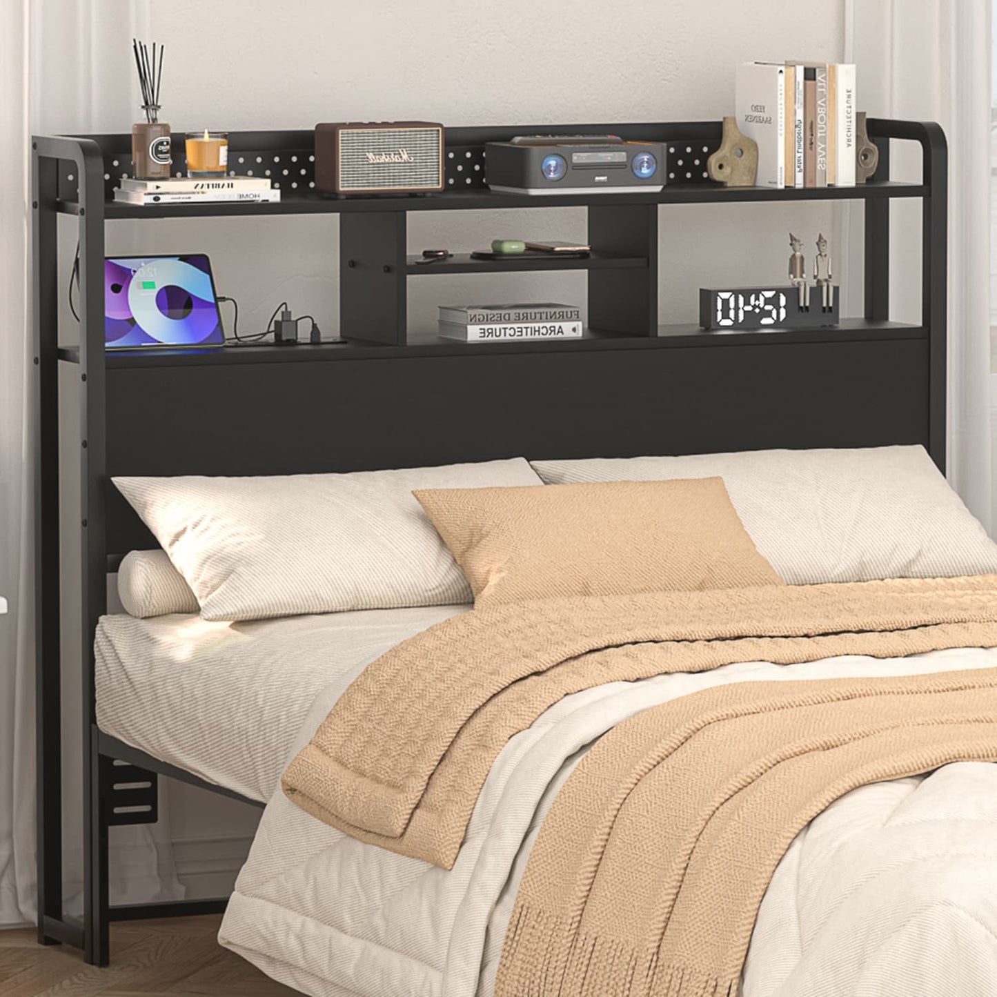 Full Storage Headboard with Led Lights & Charging Station