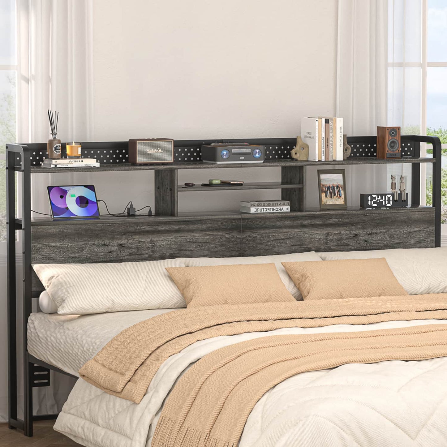 King Storage Headboard with Led Lights & Charging Station