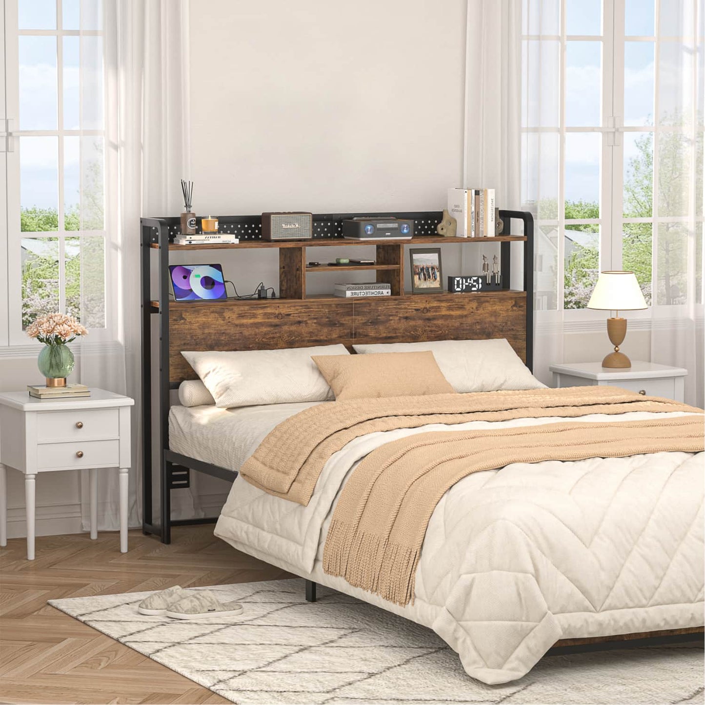 Queen Storage Headboard with Led Lights & Charging Station