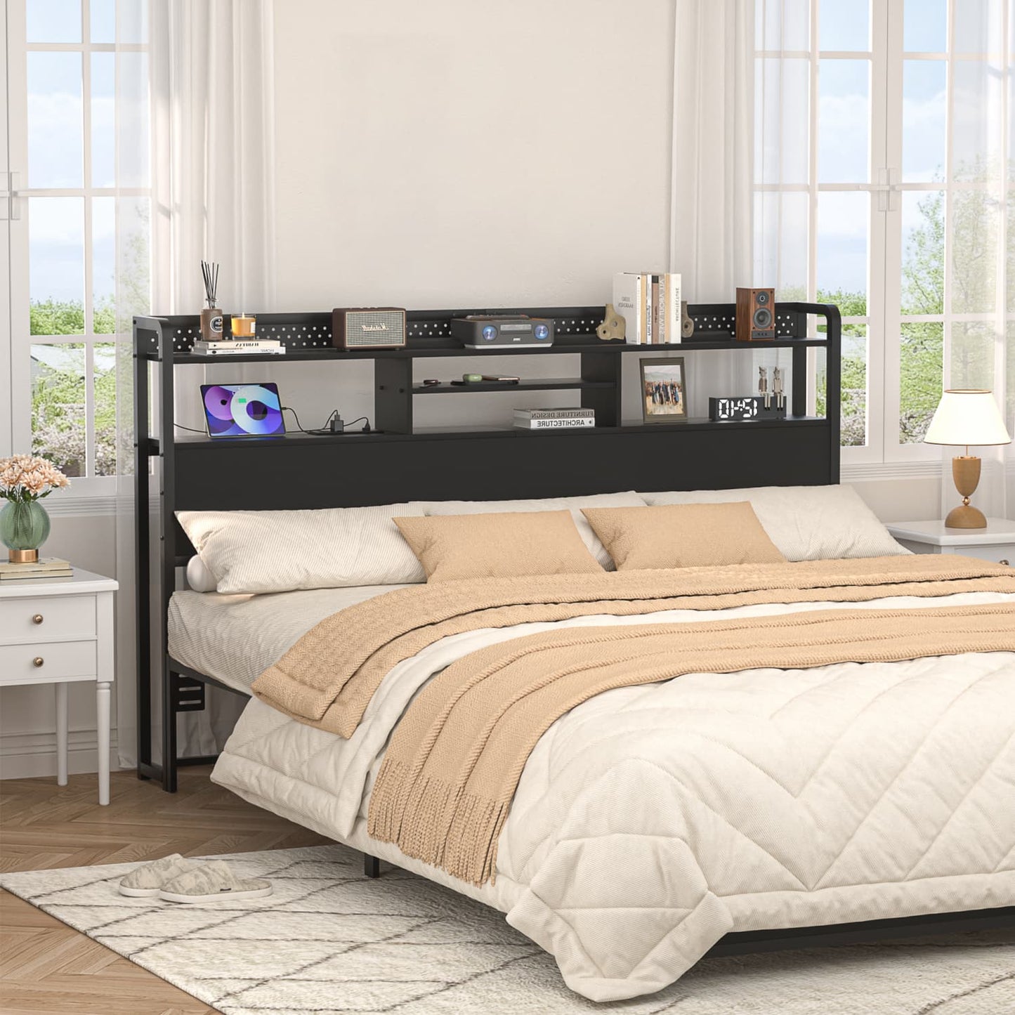 King Storage Headboard with Led Lights & Charging Station