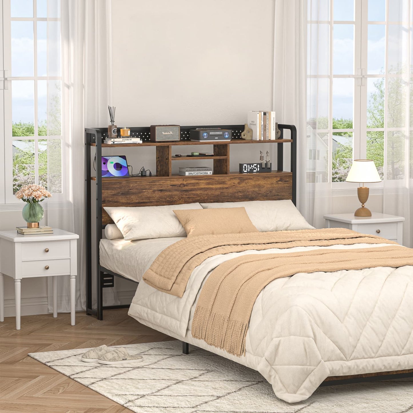 Full Storage Headboard with Led Lights & Charging Station