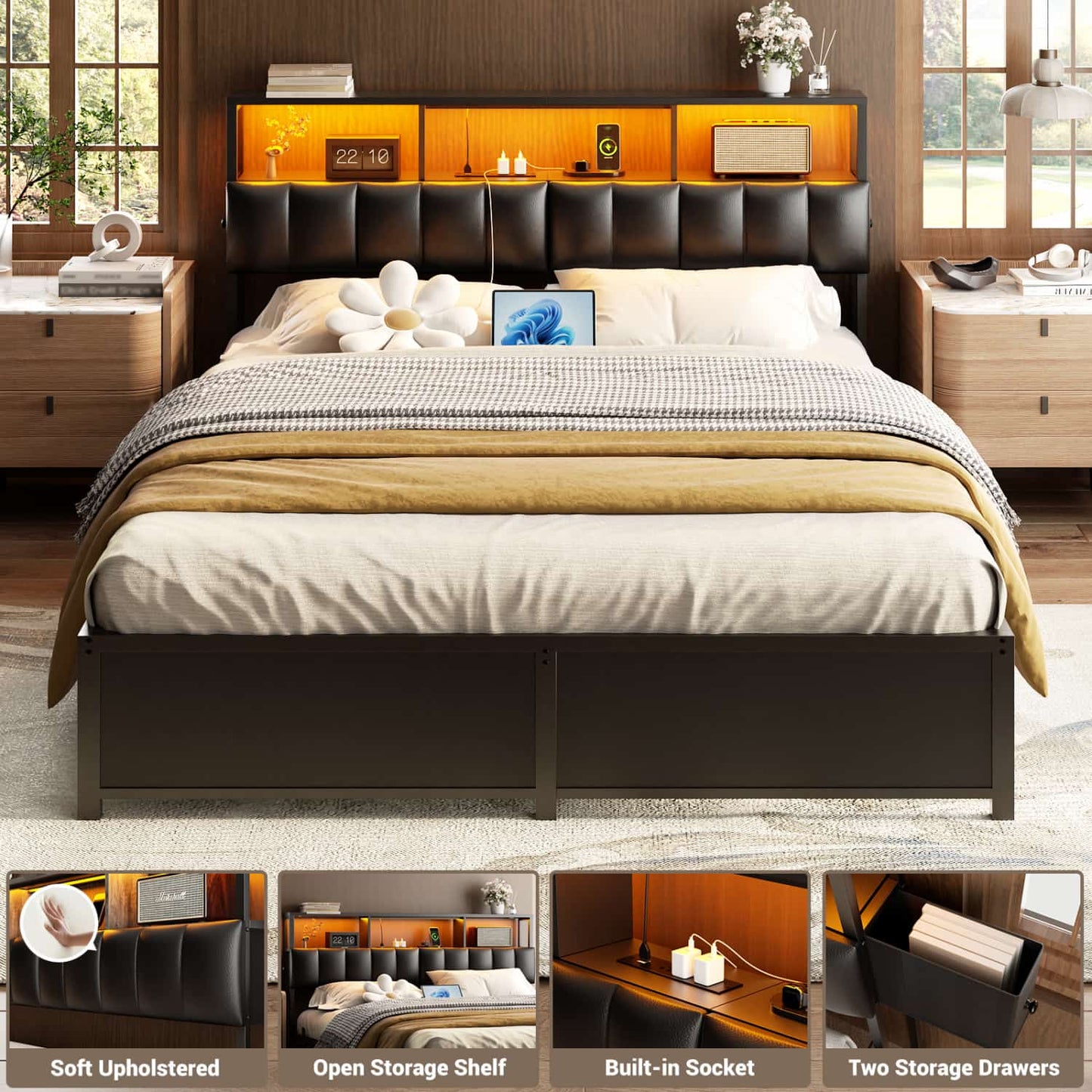 Full Upholstered Headboard with Storage Bags