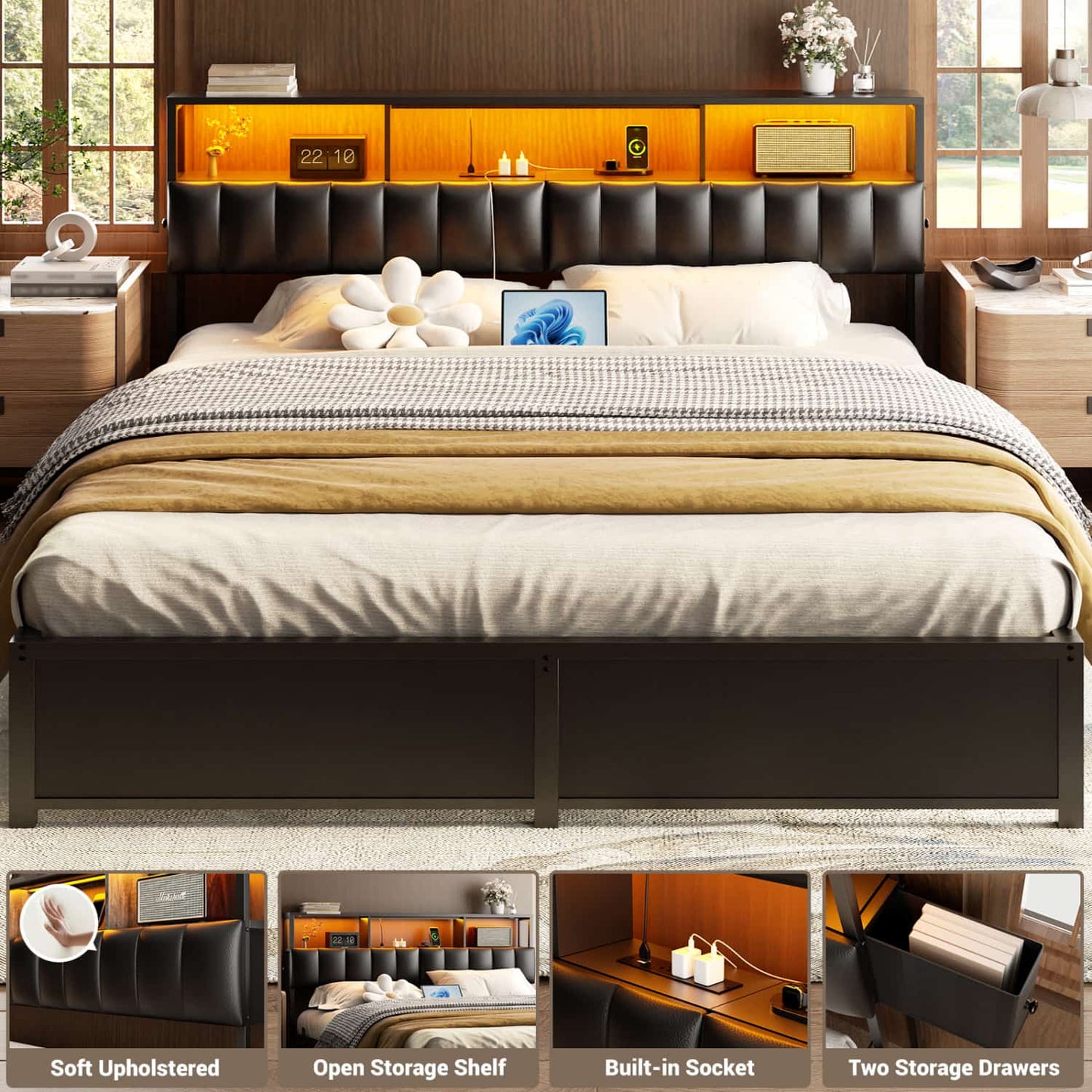 King Upholstered Headboard with Storage Bags