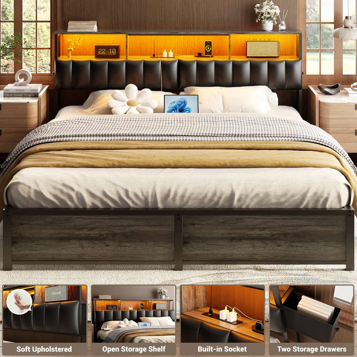 King Upholstered Headboard with Storage Bags