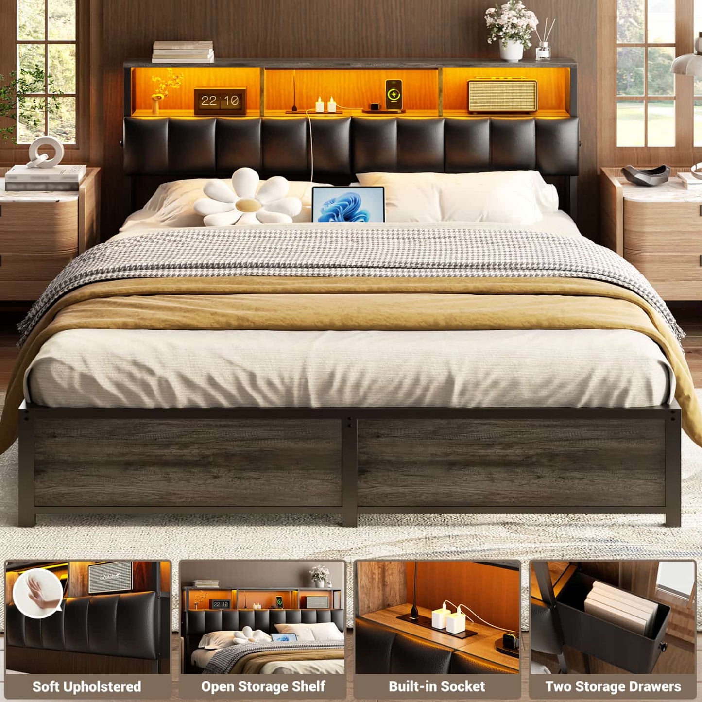 Queen Upholstered Headboard with Storage Bags