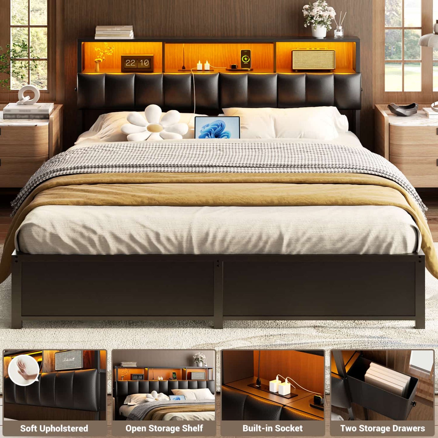Queen Upholstered Headboard with Storage Bags