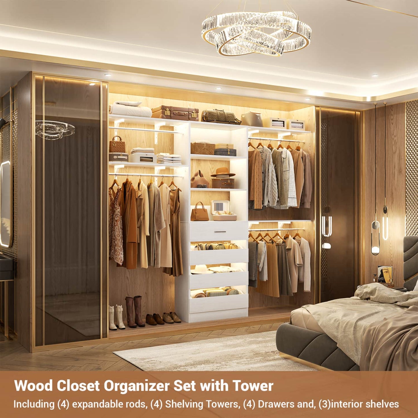 8FT Closet Organizer System with 4 Wooden Drawers & Hanging Rods
