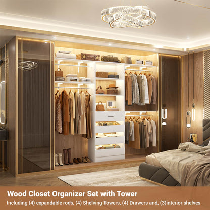 8FT Closet Organizer System with 4 Wooden Drawers & Hanging Rods