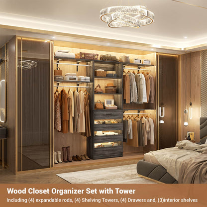 8FT Closet Organizer System with 4 Wooden Drawers & Hanging Rods