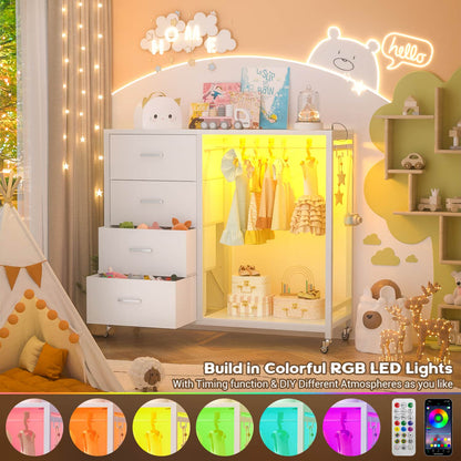 Dressers with Clothes Rack, Charging Station and Led Light, 4 Drawers Dresser for Bedroom