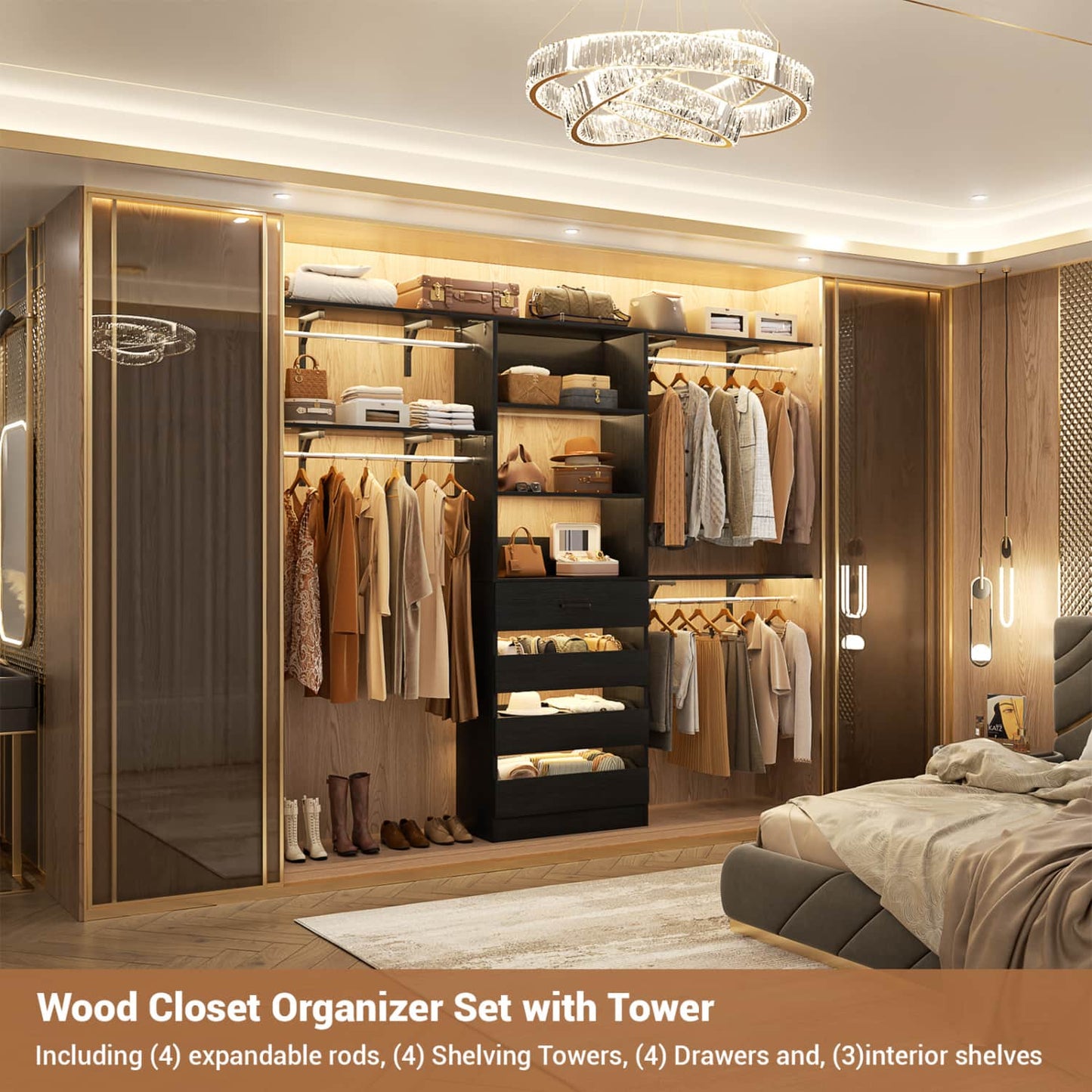 8FT Closet Organizer System with 4 Wooden Drawers & Hanging Rods