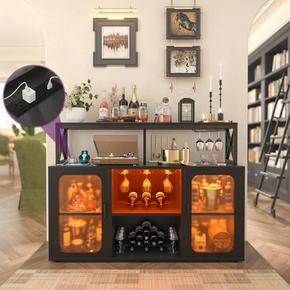 Wine Bar Cabinet with Glass Holders and and Doors, Buffet Wine cabinet with Power Outlet