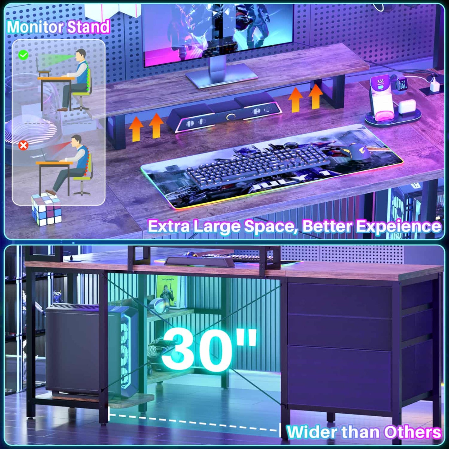L Shaped Computer Desk with Hutch, Power Outlets, LED Lights & Storage Drawers