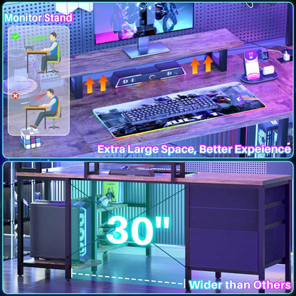 L Shaped Computer Desk with Hutch, Power Outlets, LED Lights & Storage Drawers