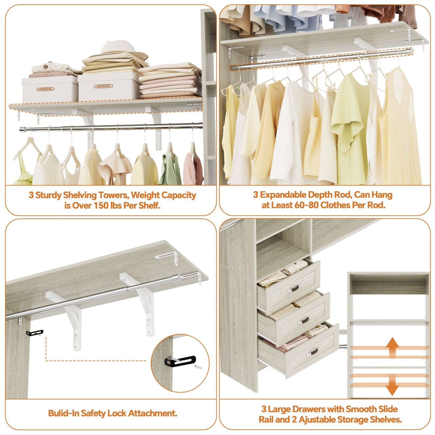 Closet Organizer System with Hanging Rods and Shelves, Wardrobe System with Drawers