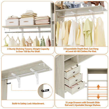 Closet Organizer System with Hanging Rods and Shelves, Wardrobe System with Drawers