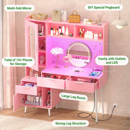 Makeup Vanity with Hutch, LED Lighted Mirror & Charging Station