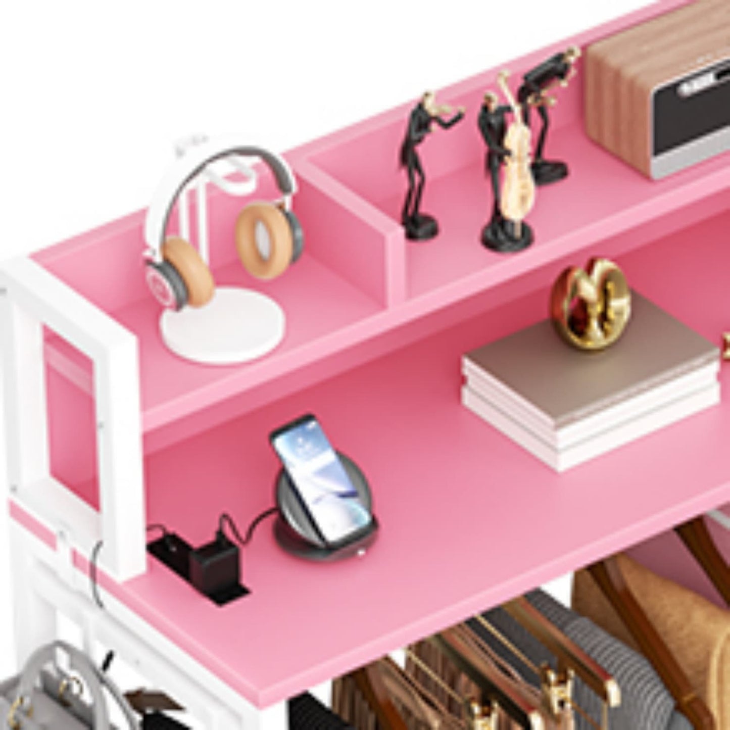 Dresser for Bedroom with Clothes Rack & Shelves, 5 Drawers Dresser with Charging Station
