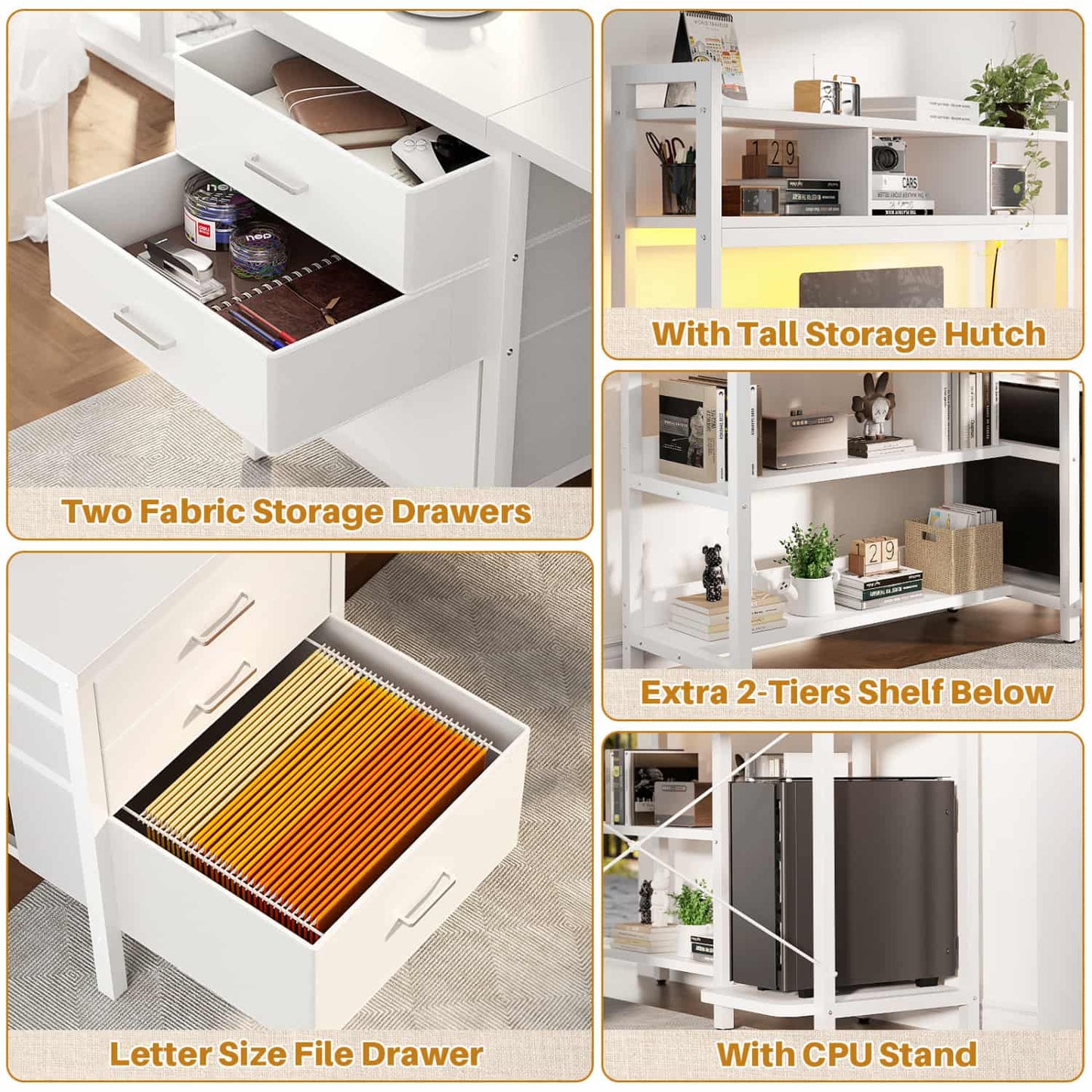 L Shaped Computer Desk with Hutch, Power Outlets, LED Lights & Storage Drawers
