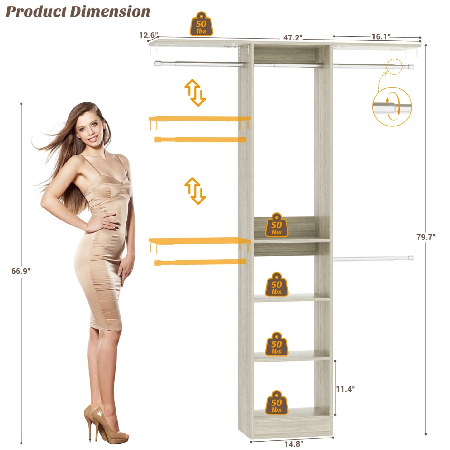 47'' W Closet System with Hanging Rods and Shelves, Closet Organizer for Bedroom