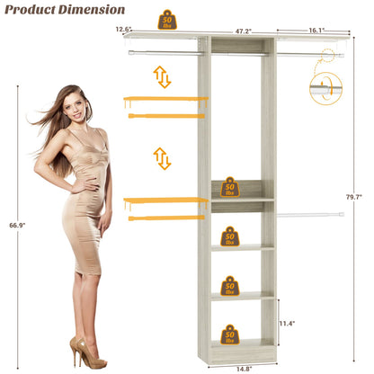 47'' W Closet System with Hanging Rods and Shelves, Closet Organizer for Bedroom