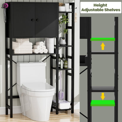 7-Tier Bathroom Organizer with Adjustable Shelf, Over The Toilet Storage Rack with 4 Hooks and Drawers