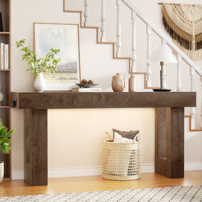 63inch Console Table with Power Outlets, Wood Narrow Entryway Table