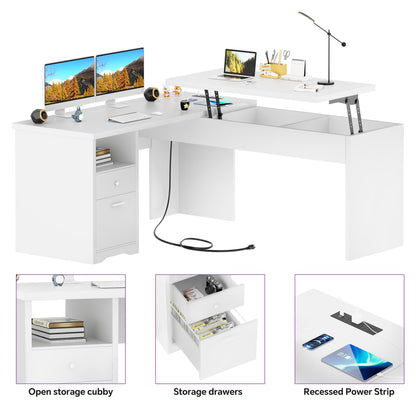 56'' Lift Top Computer Desk with Drawers and Power Outlets, Lift Top-White