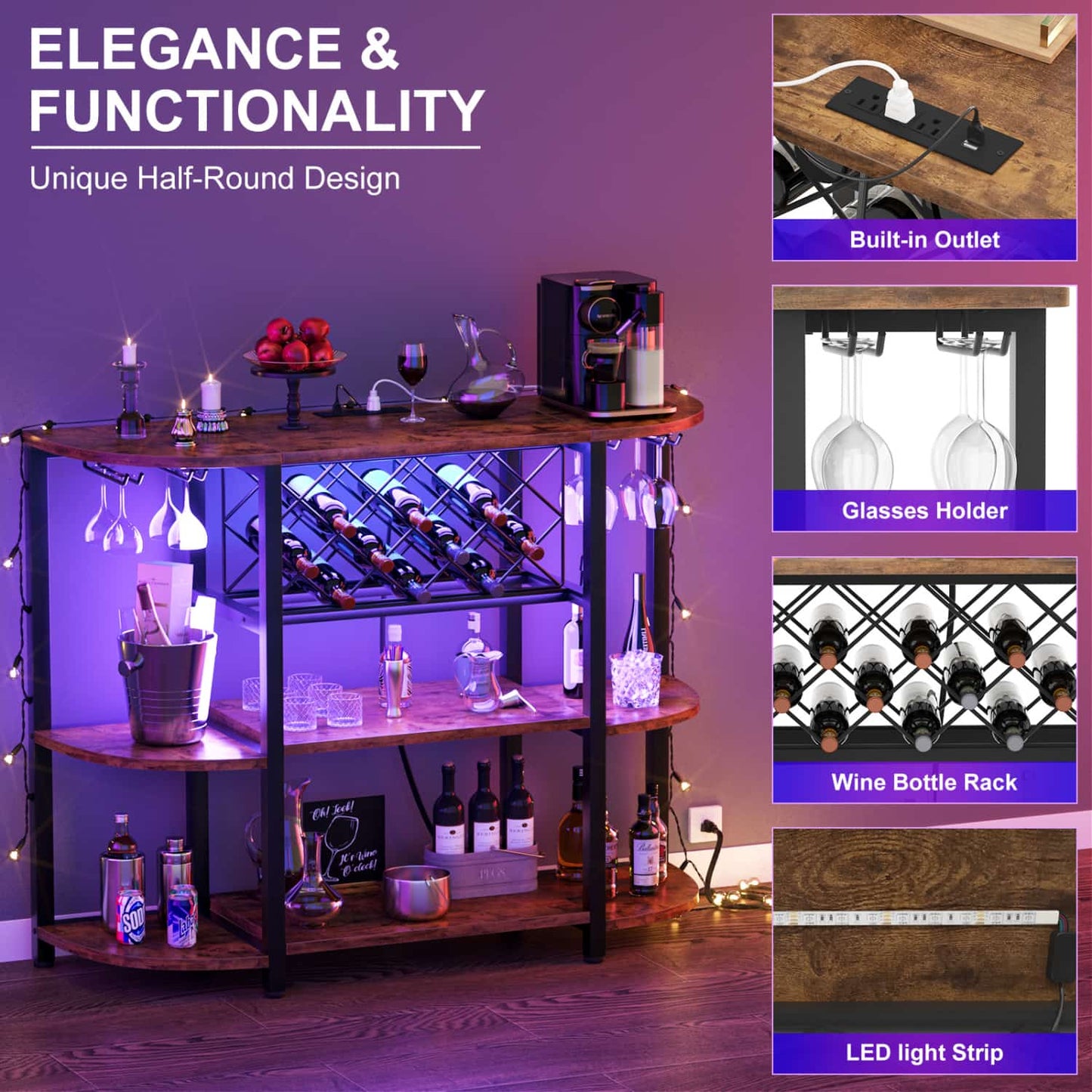 47.24" Storage Wine Cabinet with Lights and Outlets