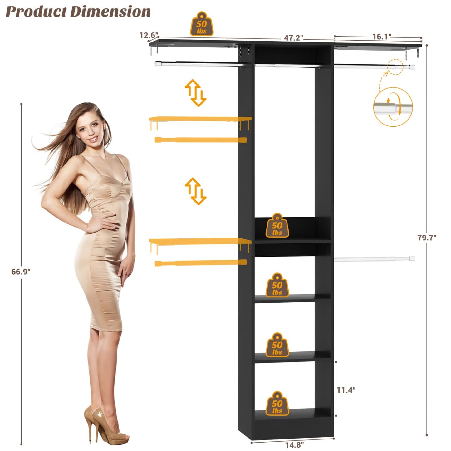 47'' W Closet System with Hanging Rods and Shelves, Closet Organizer for Bedroom