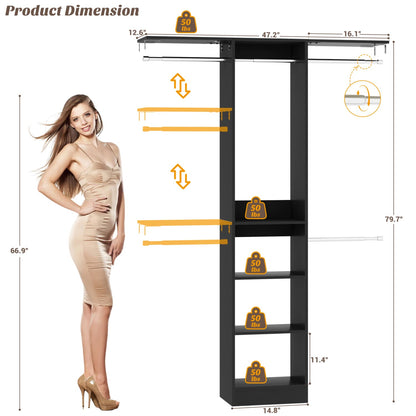 47'' W Closet System with Hanging Rods and Shelves, Closet Organizer for Bedroom