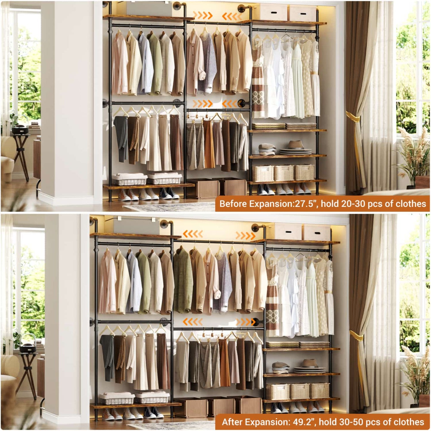 Garment Rack with Wood Shelves, Closet system Storage Rack