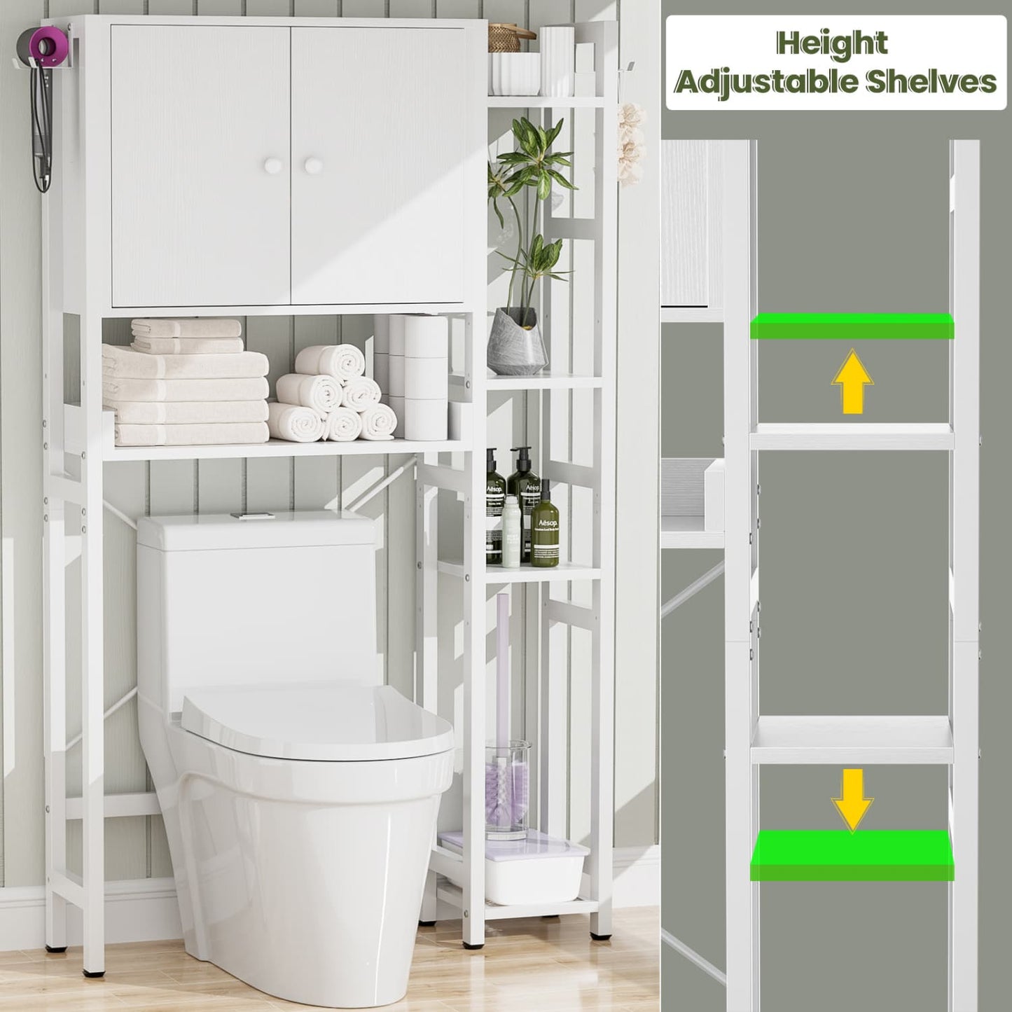 7-Tier Bathroom Organizer with Adjustable Shelf, Over The Toilet Storage Rack with 4 Hooks and Drawers