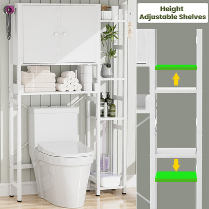 7-Tier Bathroom Organizer with Adjustable Shelf, Over The Toilet Storage Rack with 4 Hooks and Drawers