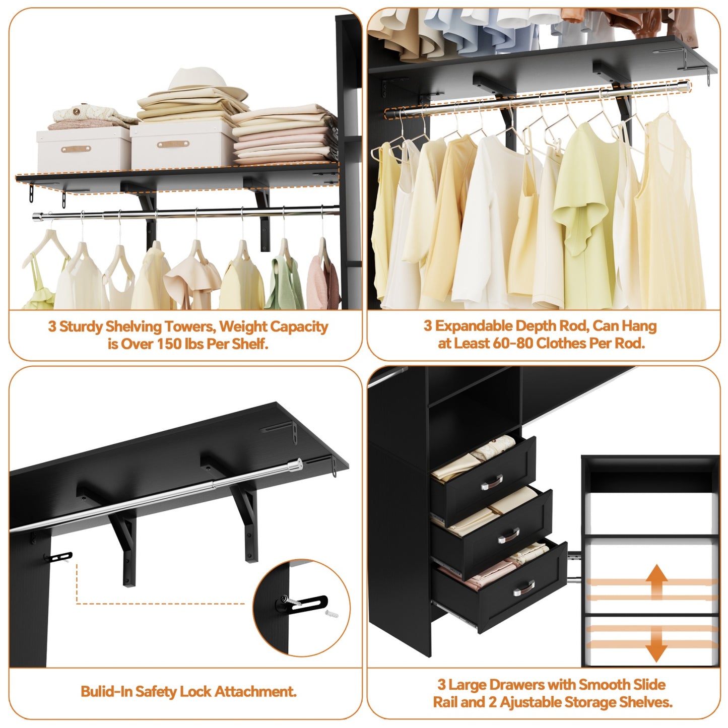 Closet Organizer System with Hanging Rods and Shelves, Wardrobe System with Drawers