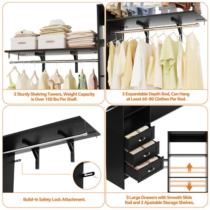 Closet Organizer System with Hanging Rods and Shelves, Wardrobe System with Drawers