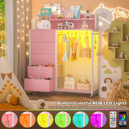Dresser for Bedroom with Clothes Rack & Shelves, 5 Drawers Dresser with Charging Station