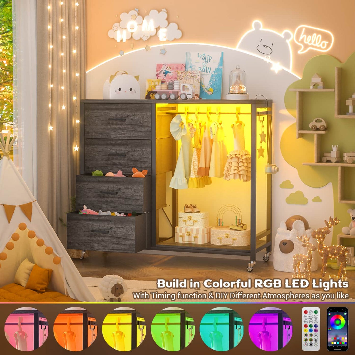 Dressers with Clothes Rack, Charging Station and Led Light, 4 Drawers Dresser for Bedroom