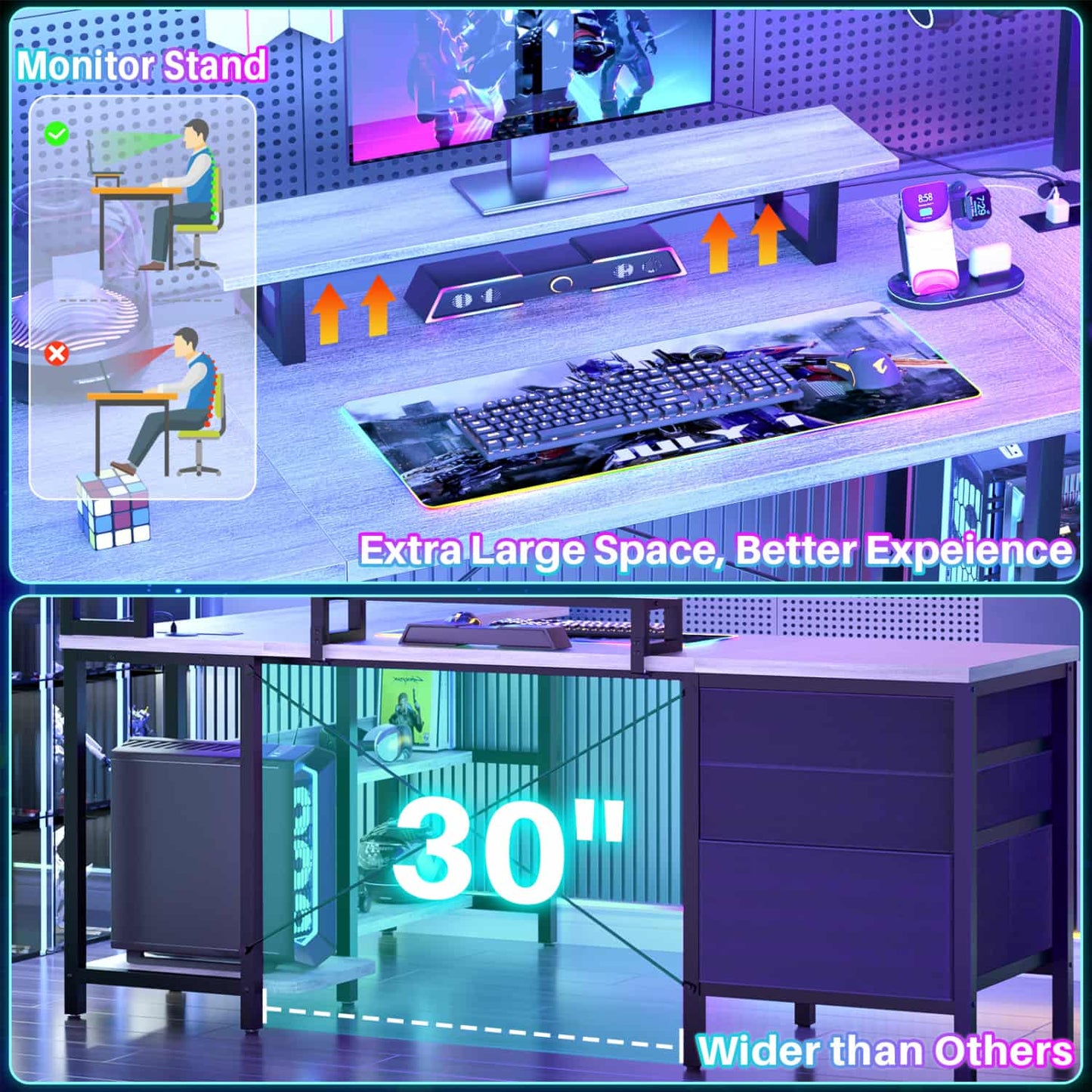 L Shaped Computer Desk with Hutch, Power Outlets, LED Lights & Storage Drawers