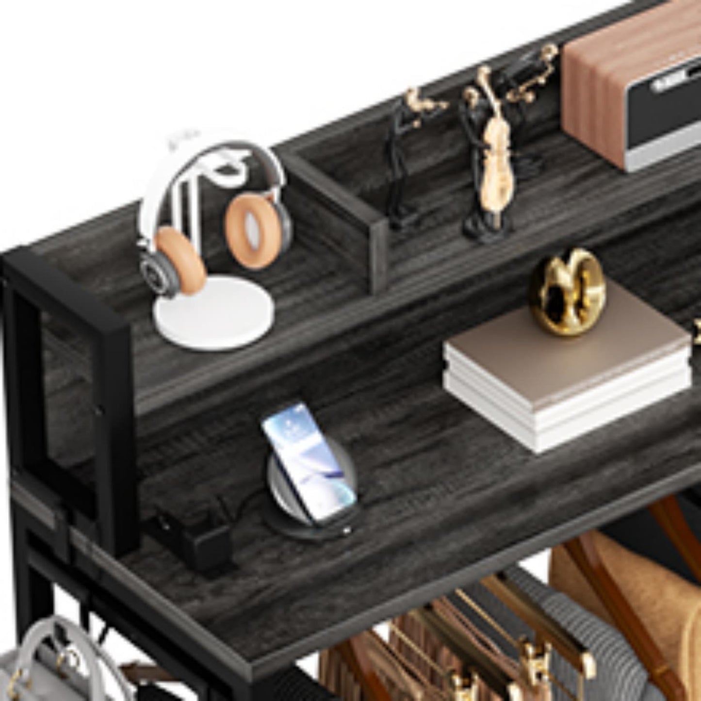 Dresser for Bedroom with Clothes Rack & Shelves, 5 Drawers Dresser with Charging Station
