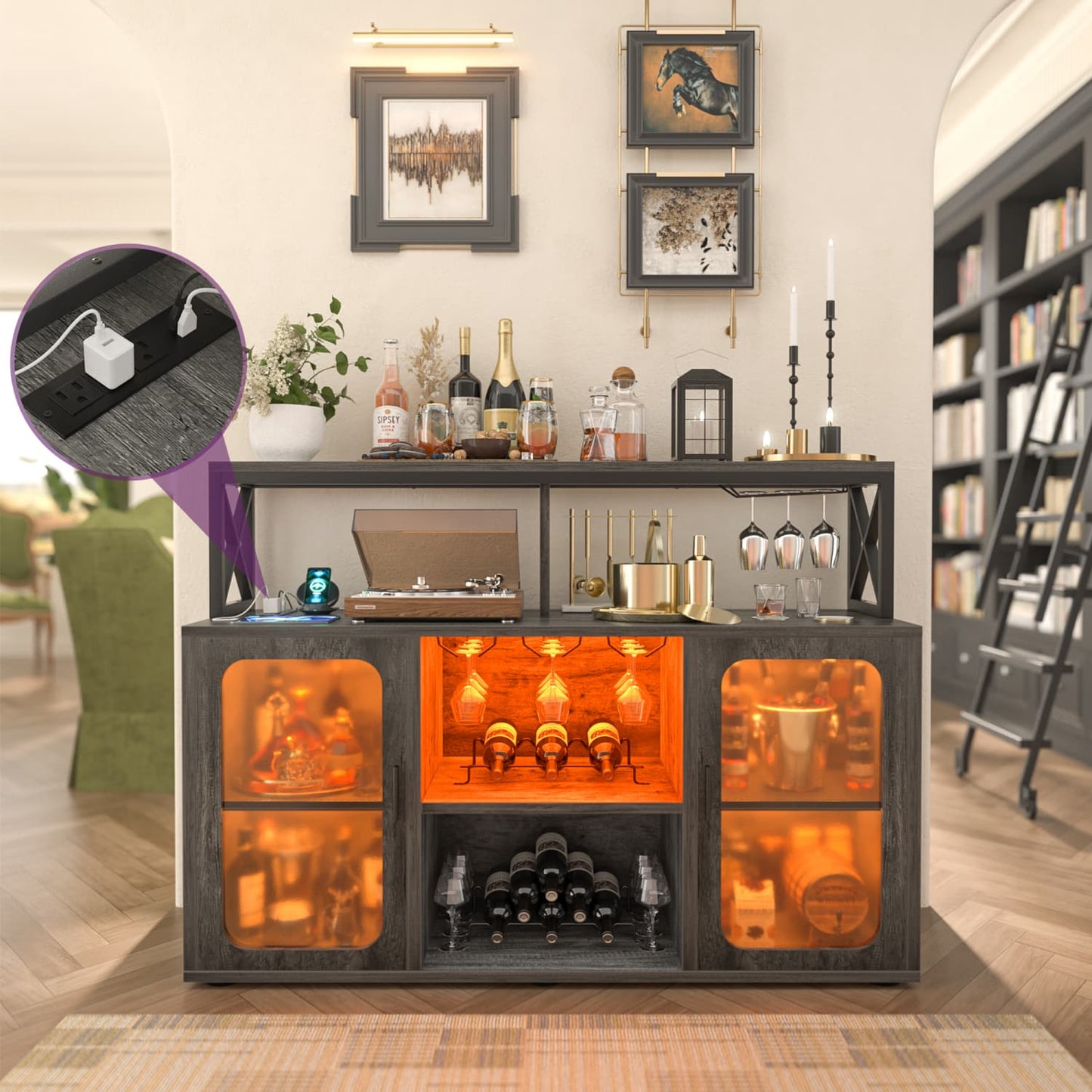 Wine Bar Cabinet with Glass Holders and and Doors, Buffet Wine cabinet with Power Outlet