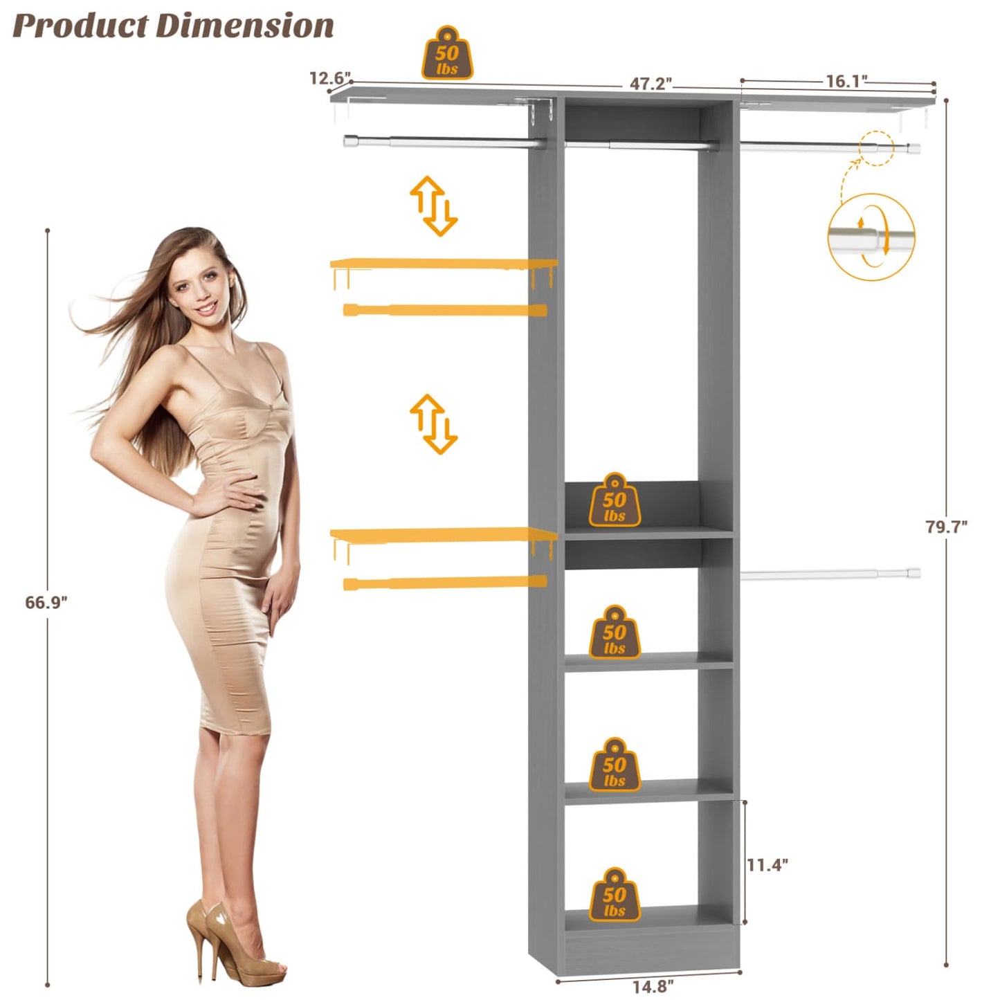 47'' W Closet System with Hanging Rods and Shelves, Closet Organizer for Bedroom