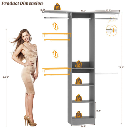 47'' W Closet System with Hanging Rods and Shelves, Closet Organizer for Bedroom