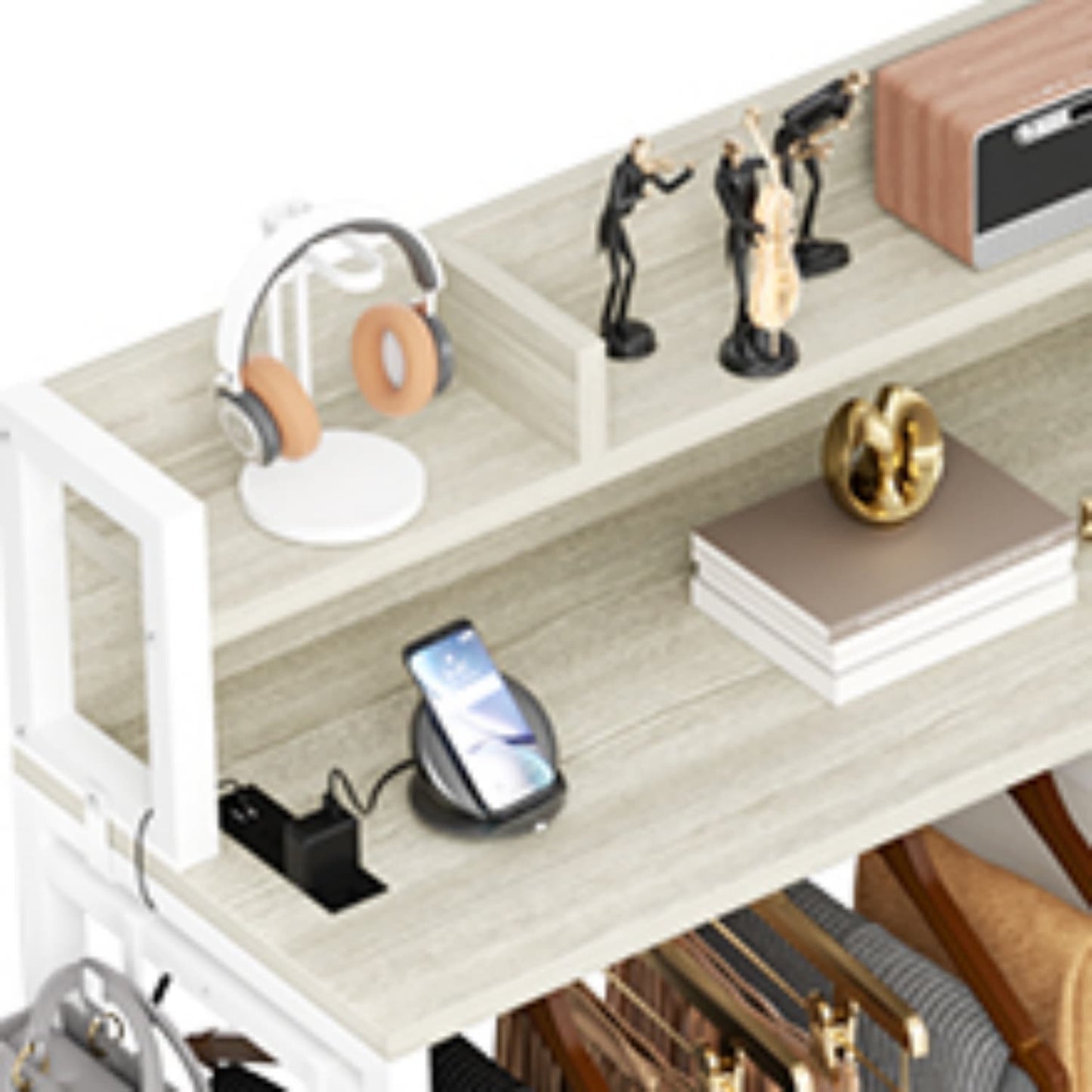 Dresser for Bedroom with Clothes Rack & Shelves, 5 Drawers Dresser with Charging Station
