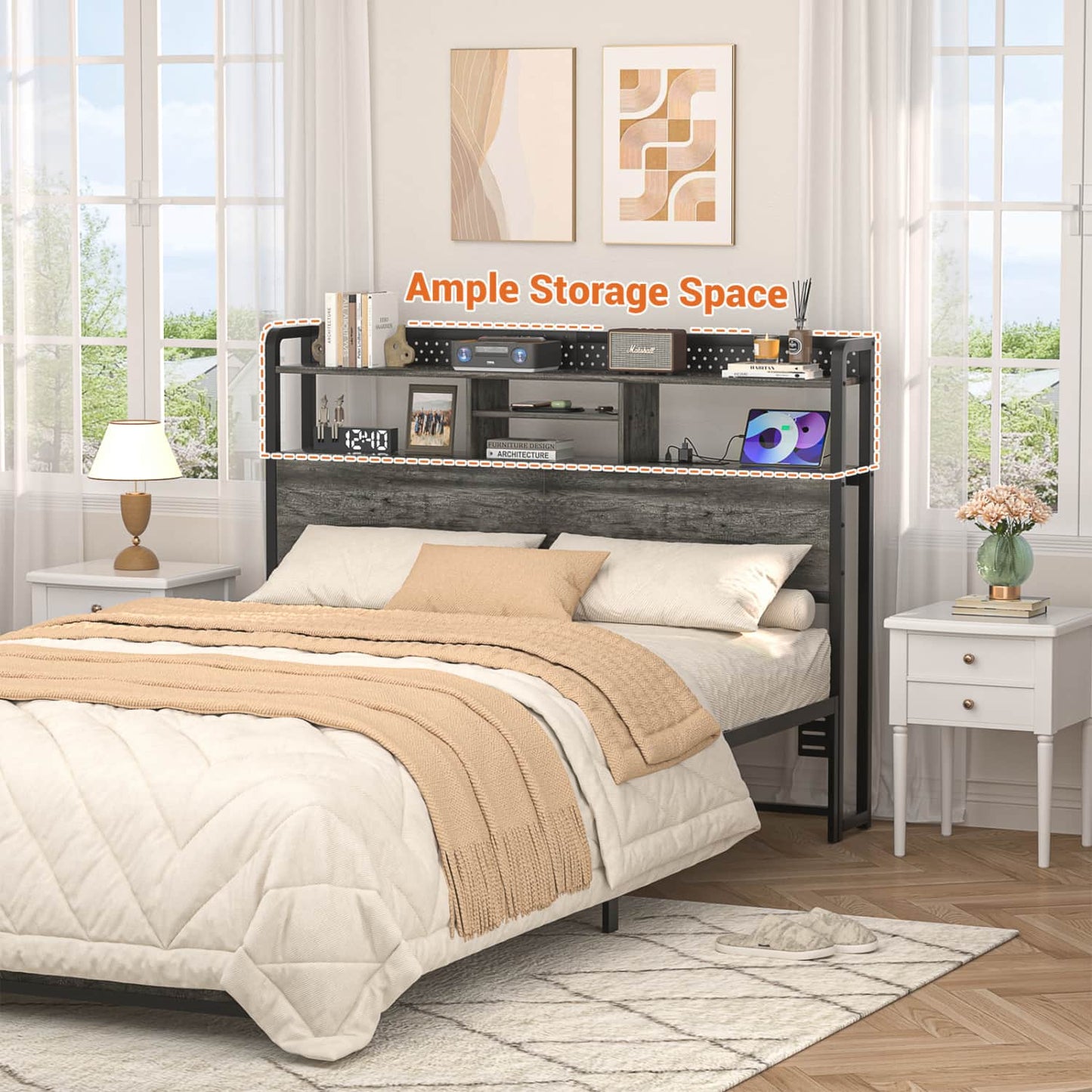 Queen Storage Headboard with Led Lights & Charging Station